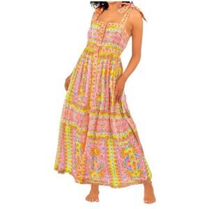 NWT Gretchen Scott Dress Sz M Fun in the Sun Watteau Sleeveless Maxi Pink/Lime